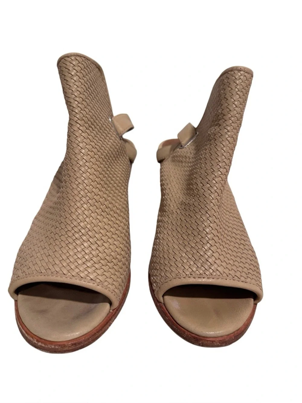 Frye Dani Woven Shield Leather Block Heel Peep Toe Sandals - Tan/Cream/Beige 8.5